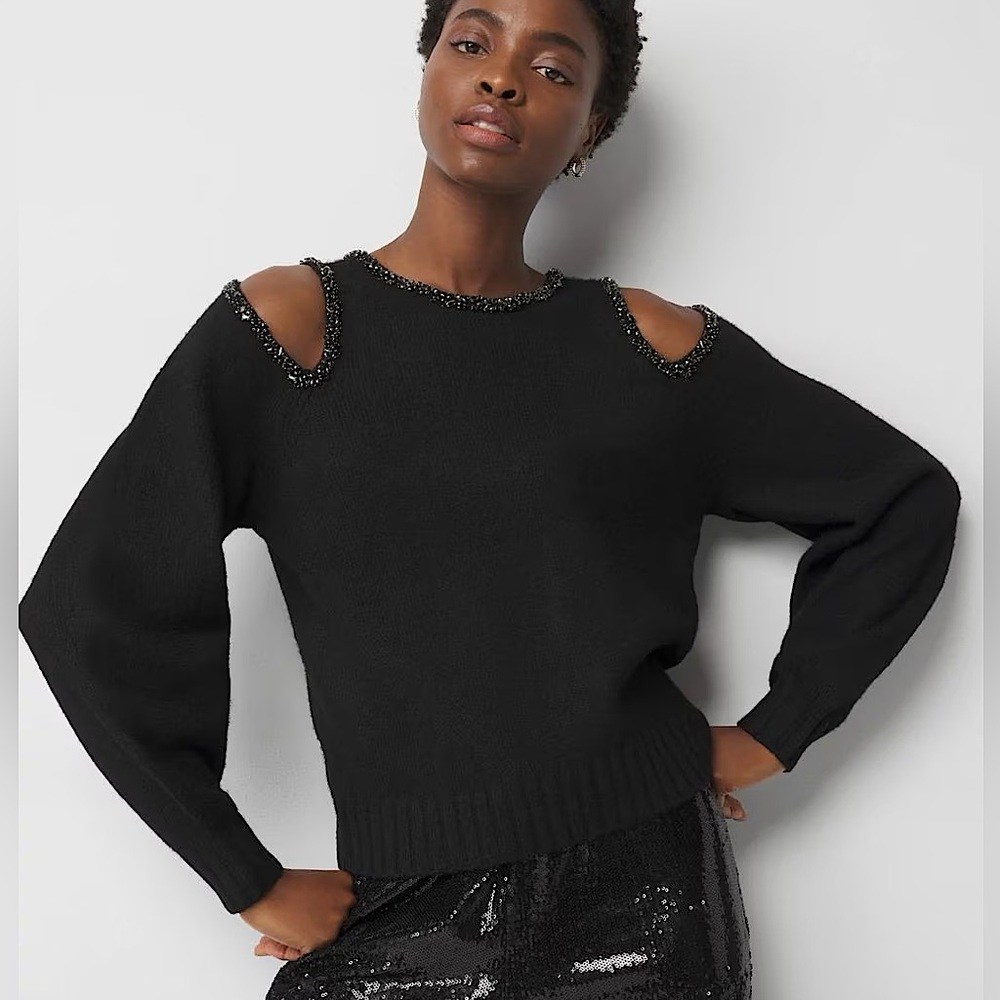 WHBM BLACK EMBELLISHED CUTOUT SWEATER